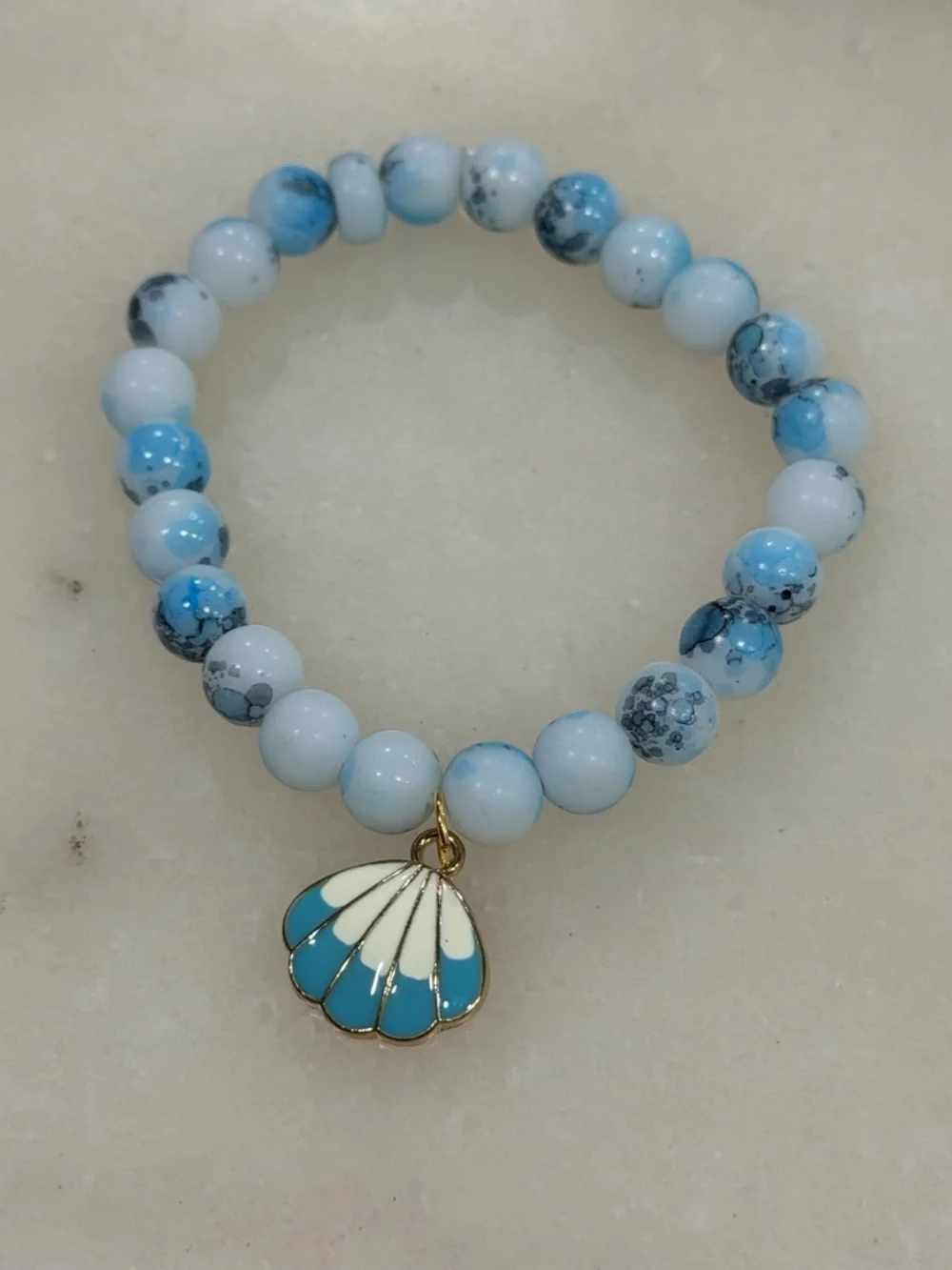 Sea Breeze Blue Beaded Shell Charm Bracelet Coastal Minimalist